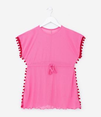 Saída de Praia Infantil em Tule com Mini Pompons - Tam 3 a 16 Anos