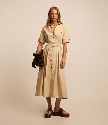 Vestido Midi Evasê em Sarja com Cinto