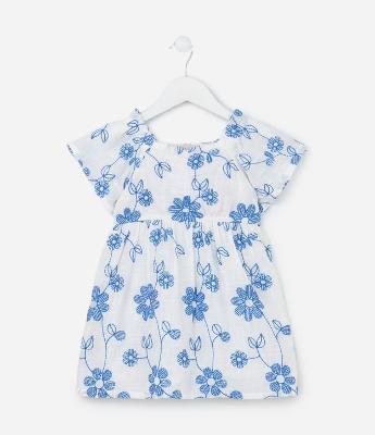 Vestido Infantil em Tricoline com Bordado Floral - Tam 1 a 5 Anos