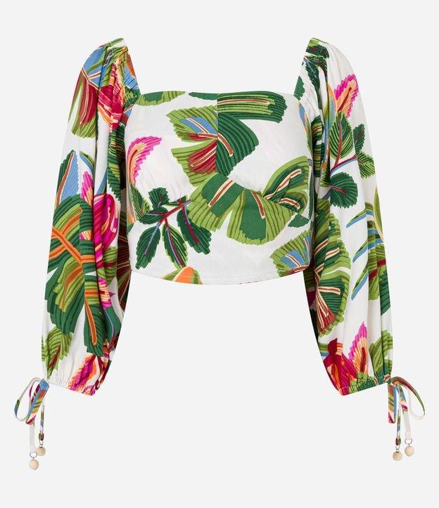 Blusa Cropped em Viscose com Lastex e Estampa Tropical - 1