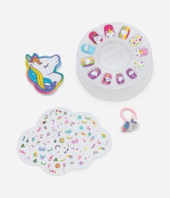 Kit de Unha Infantil com 24 Unhas Postiça + Cartela de Adesivos + Lixa + Anel Unicórnio Alchemia