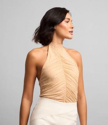 Body Frente Única em Tule com Brilhos e Amarração no Pescoço