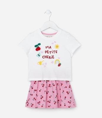 Conjunto Infantil com Short Saia e Cerejinha de Crochê - Tam 1 a 5 anos