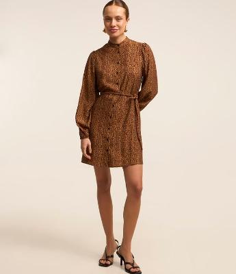 Vestido Manga Longa Twill com Botões e Cinto fixo Animal Print