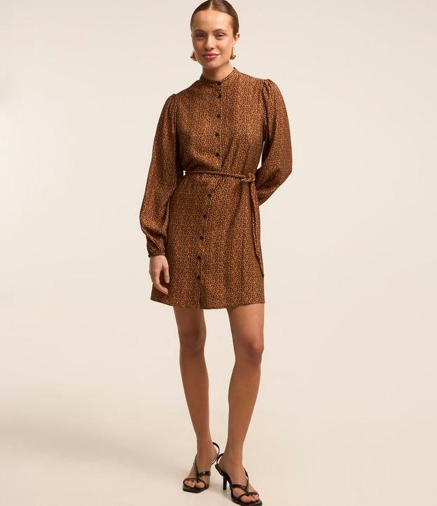 Vestido Manga Longa Twill com Botões e Cinto fixo Animal Print - 1