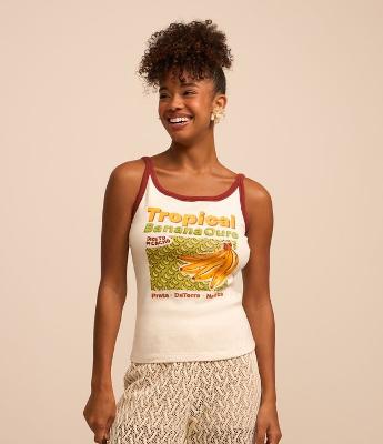 Blusa de Alça em Ribana com Estampa Tropical Banana Ouro