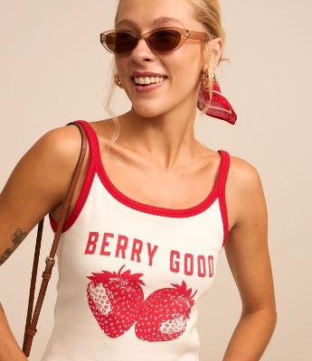 Blusa de Alça em Ribana com Viés Contrastante e Estampa Berry Good