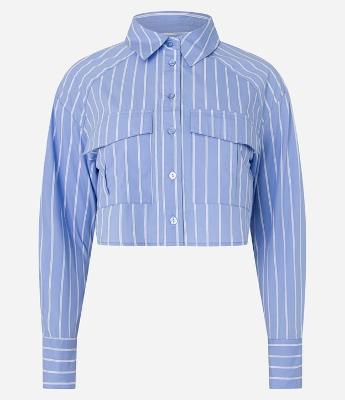Camisa Cropped Tricoline com Listras e Bolsos Frontais