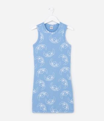 Vestido Infantil Tubinho Canelado com Estampa do Stitch - Tam 5 a 14 Anos