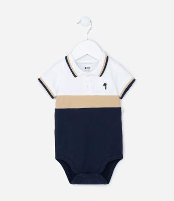 Body Infantil com Gola Polo e Recortes - Tam 0 a 18 meses