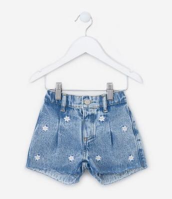 Short Infantil em Jeans com Bordado Margaridas - Tam 1 a 5 Anos