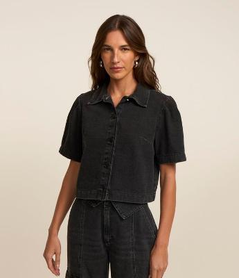 Camisa Cropped Jeans com Manga Bufante