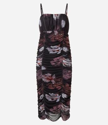 Vestido Midi em Tule Drapeado e Estampa Floral