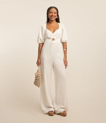 Macacão Longo em Viscolinho com Manga Bufante