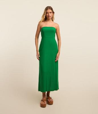 Vestido New Midi em Viscose e Linho com Lastex