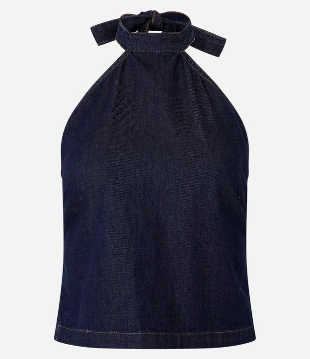 Blusa em Jeans com Gola Alta e Amarração no Pescoço - 1