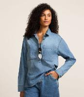 Camisa Alongada em Jeans com Fenda Lateral e Botões Frontais - 1