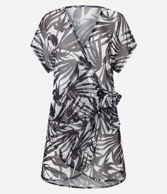 Saída de Praia Vestido Curto em Tule e Estampa de Folhagem