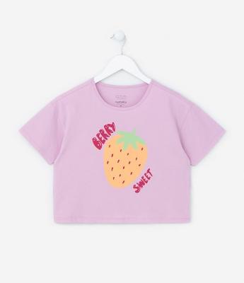 Camiseta Curta Infantil com Estampa Morango - Tam 5 a 14 Anos