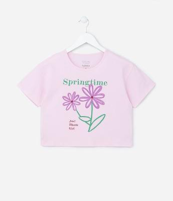Camiseta Cropped Infantil com Estampa Flores - Tam  5 a 14 Anos