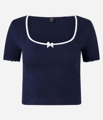 Blusa Canelada em Algodão com Lacinho e Contrastes