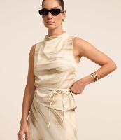 Blusa Acetinada Sem Manga com Estampa Abstrada - 1