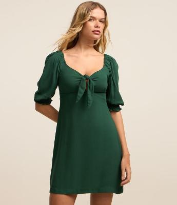 Vestido Curto em Viscose com Amarração e Manga Bufante