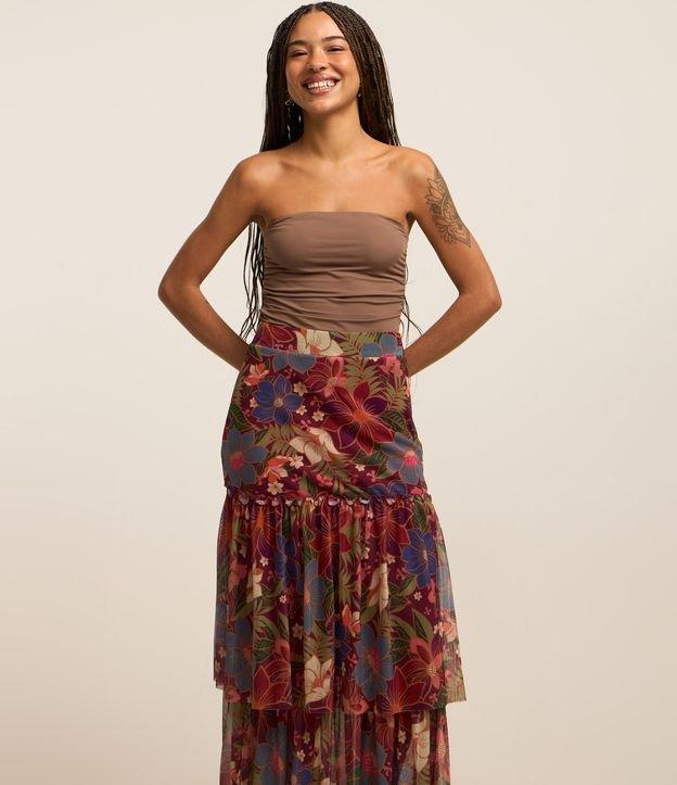Saia Midi em Tule com Babado e Estampa Floral - 1