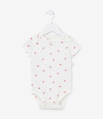 Body Infantil em Ribana com Estampa de Cerejinhas - Tam 0 a 18 meses