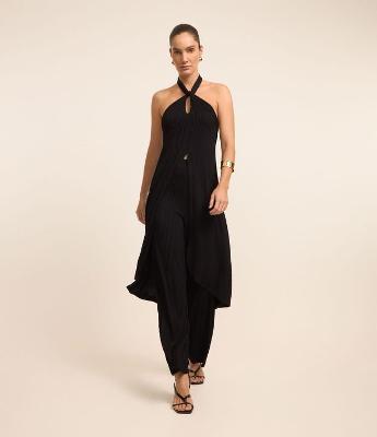 Calça Wide Leg Canelada com Elástico na Cintura