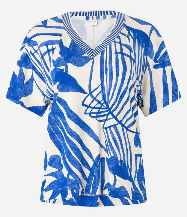 Blusa Manga Curta com Decote V e Estampa Folhagem - 1