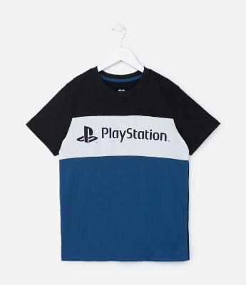 Camiseta Infantil com Blocos de Cor e Estampa Playstation - Tam 5 a 14 Anos