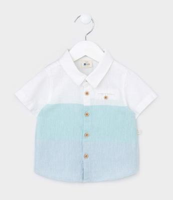 Camisa Infantil em Linho com Bloco de Cor e Bolsinho - Tam 0 a 18 meses