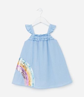 Vestido Infantil em Tricoline com Bordado de Arco Iris em Paetê - Tam 1 a 5 Anos