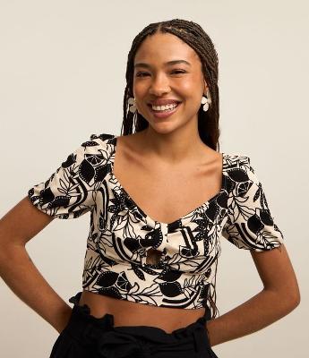 Blusa Cropped com Lacinho no Decote Manga Bufante e Estampa de Limoeiro