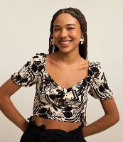 Blusa Cropped com Lacinho no Decote Manga Bufante e Estampa de Limoeiro - 1