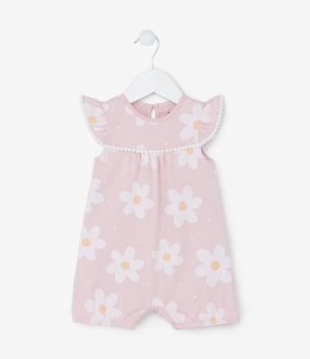 Macaquinho Infantil com Estampa Floral e Pompons - Tam 0 a 18 meses