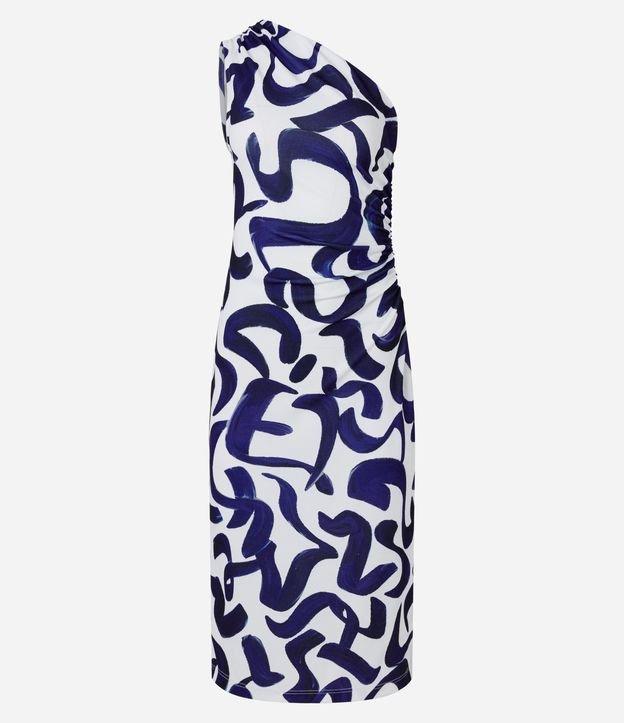 Vestido Midi Estampa Abstrata com Ombro Só e Drapeado Lateral - 1