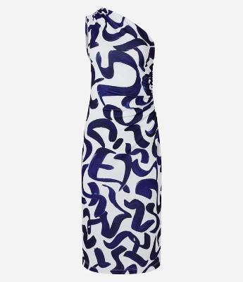 Vestido Midi Estampa Abstrata com Ombro Só e Drapeado Lateral