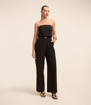 Calça Pantalona em Crepe com Cinto Elástico Afivelado