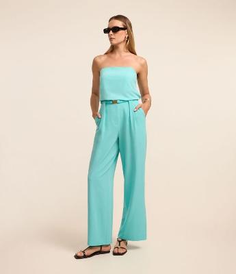 Calça Pantalona em Crepe com Cinto Elástico Afivelado