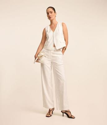 Calça Reta Alfaiatada Listrada em Viscose com Fio Tinto