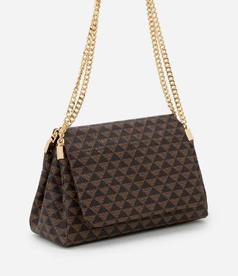Bolsa Shoulder Média em PU Estampa Triângulos e Alça com Corrente