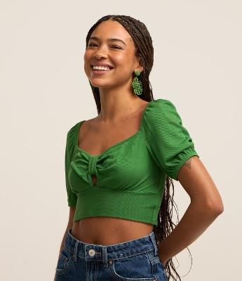 Blusa Curta em Ribana com Decote Coração com Laço e Manga Bufante