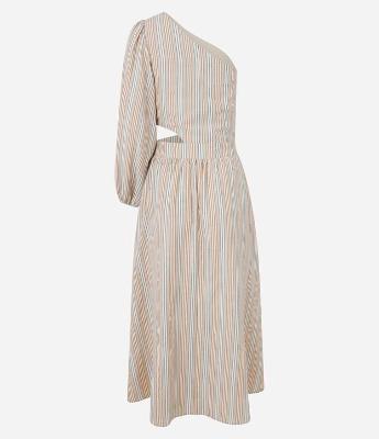 Vestido Ombro Só Listrado em Tricoline com Vazado