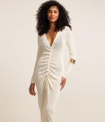 Vestido Midi em Tricô com Franzido e Fenda