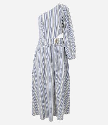 Vestido Ombro a Ombro em Tricoline Listrado com Vazado