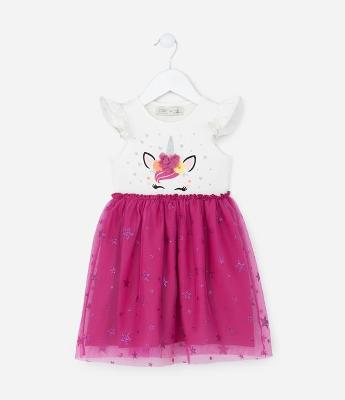 Vestido Infantil em Tule com Estampa Unicórnio - Tam 1 a 5 Anos