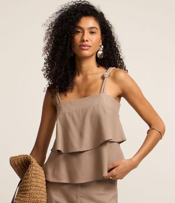 Blusa em Linho e Viscose com Alça Corda e Sobreposição