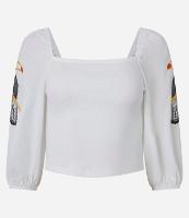 Blusa Cropped em Ribana com Manga Bufante e Bordado de Tucano - 1